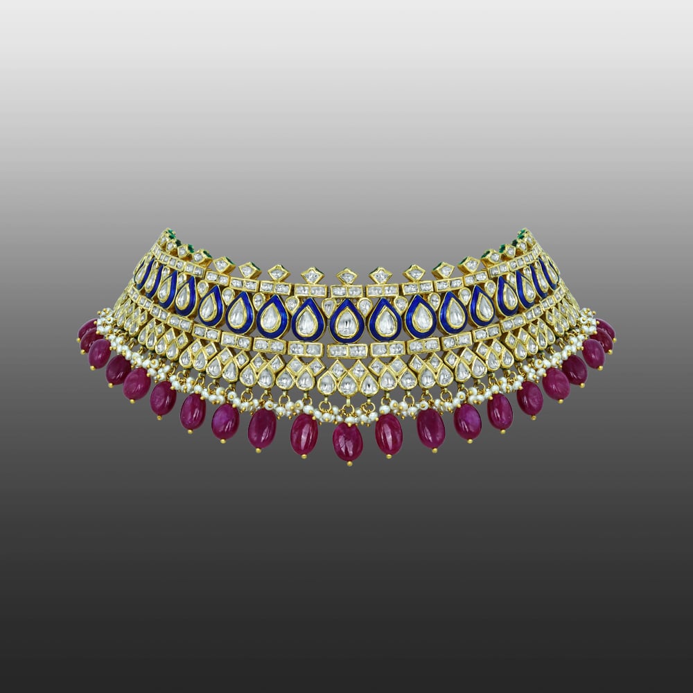 Regal Polki Choker with Blue Enamel and Ruby Tumbles